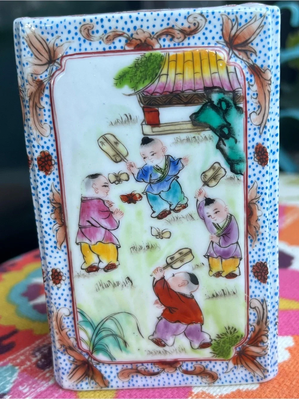 Vintage Chinese Famille Rose Porcelain Square Brush Pot / Desk Vase